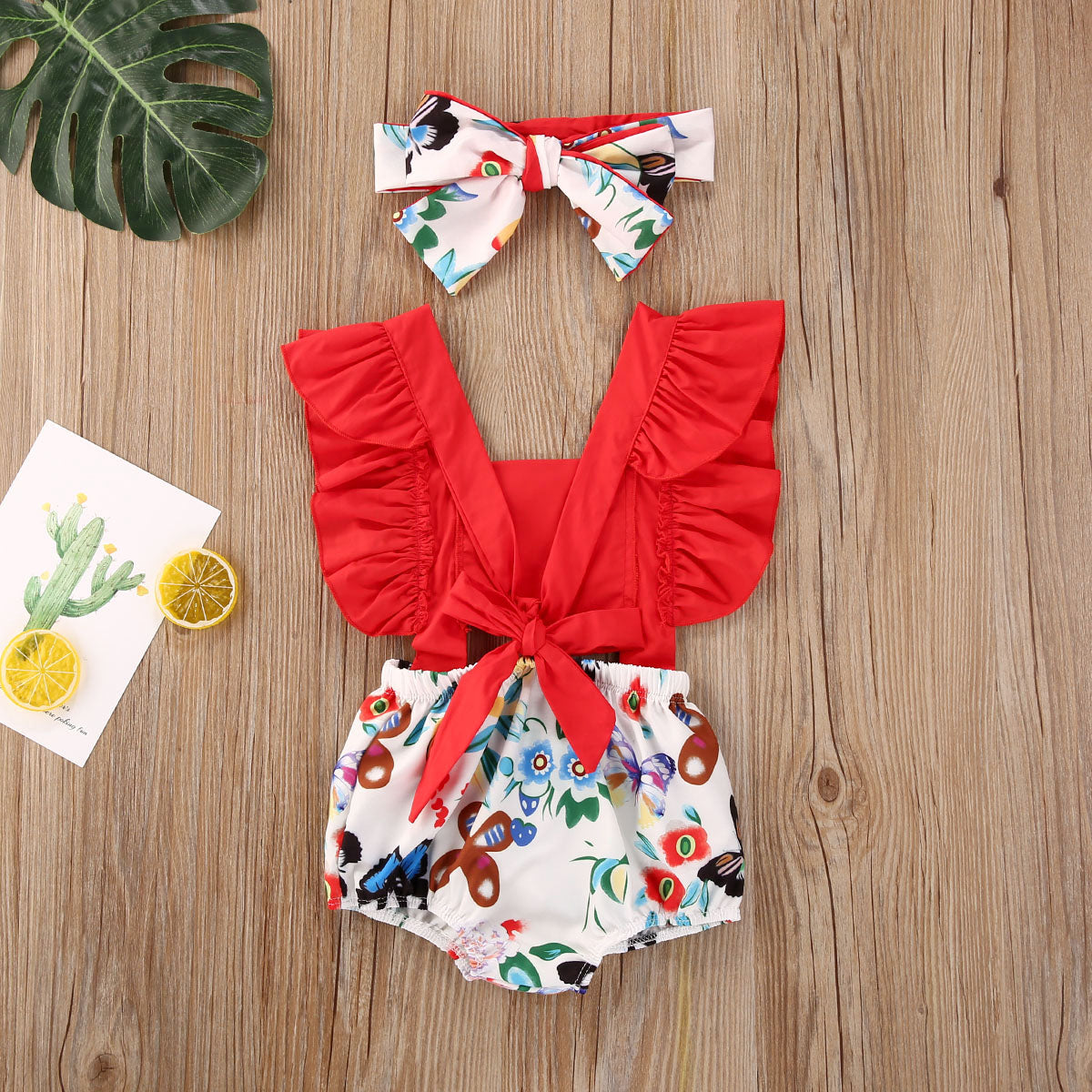 Cute Newborn Baby Girl Clothes Sets Ruffle Backless Cherry Romper Headband 2pcs Summer Outfits Toddler Infant Jumpsuit 0-18M