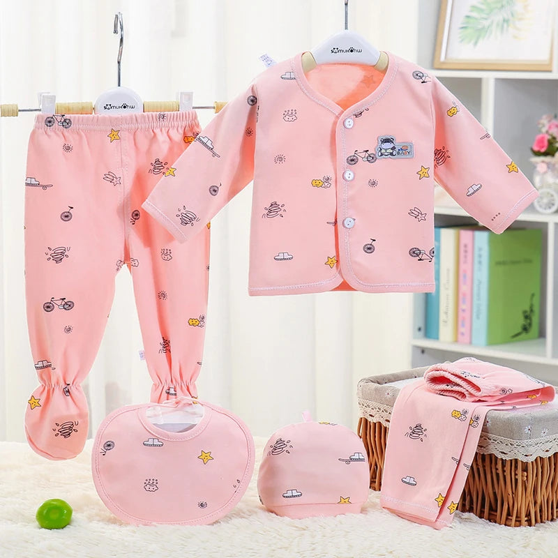 Baywell Infant Newborn Unisex Clothes 0-3 Months Baby Spring Autumn Print Cartoon Clothing Sets Tops Trousers Hat Bibs