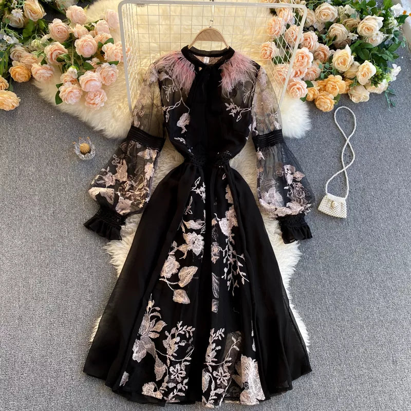 ARWEN & AJH GROUP  Runway Women's Party Dress Autumn Chiffon Patchwork Mesh Floral Embroidery Midi Dress Luxury Feather Bow Collar Dresses