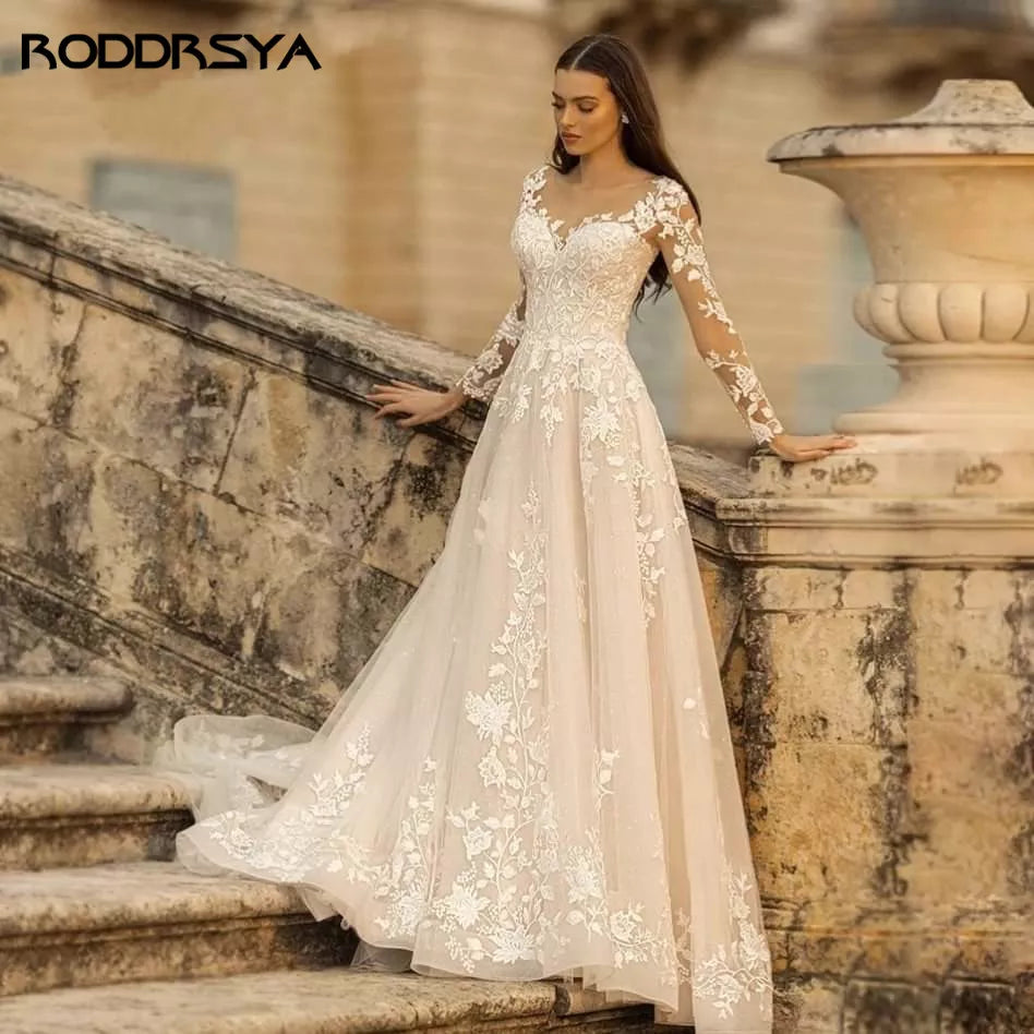 ARWEN &AJH GROUP مجموعة اروين  Elegant O-Neck Wedding Dresses Lace Up A-Line Appliques Long Sleeves Beach Bride Gowns robe فستان عروسه فستان ابيض Plus Size