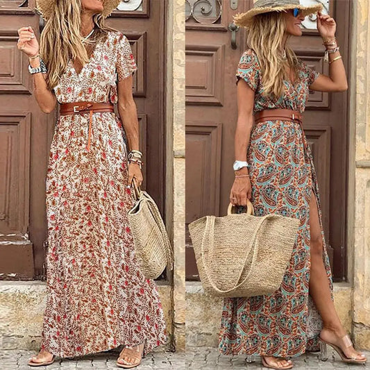 ARWEN & AJH GROUP  HOT SALE!! Boho Women V Neck Short Sleeve Paisley Print Belt Large Hem Beach Long Dress print dress summer beach dress with belt