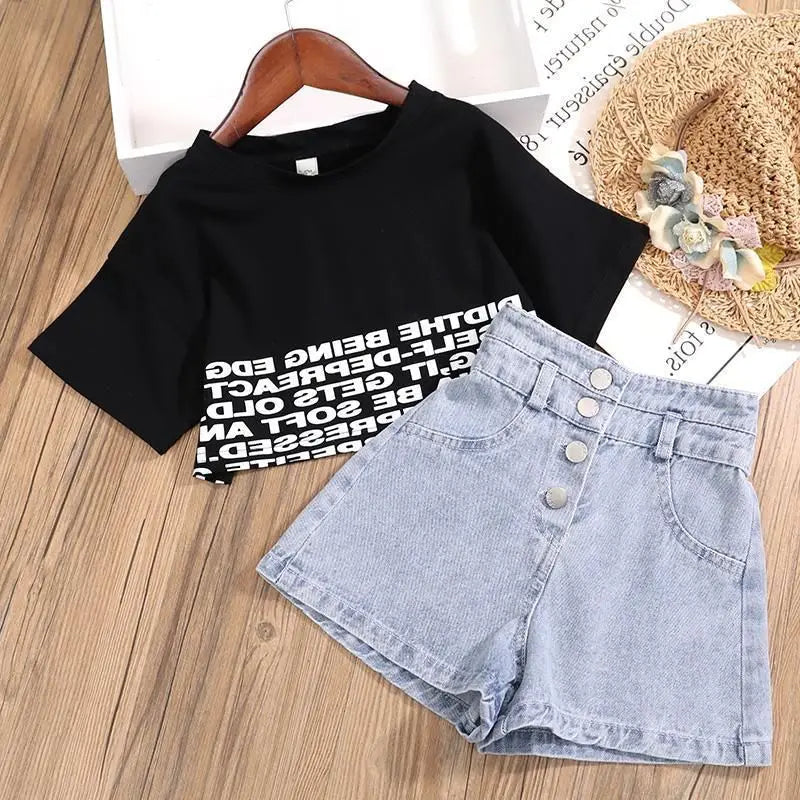 Summer Kids Girls Clothes Set Teen Girl Crop Tops T-shirt + Denim shorts 2pcs Girl Outfits Baby Girls Clothing 4 7 10 to 12 year