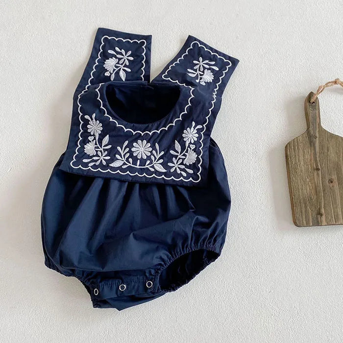 Korean Style Infant Baby Girls Jumpsuit Navy Collar Embroidery Cotton Newborn Baby Girl Bodysuits Summer Baby Girls Clothes