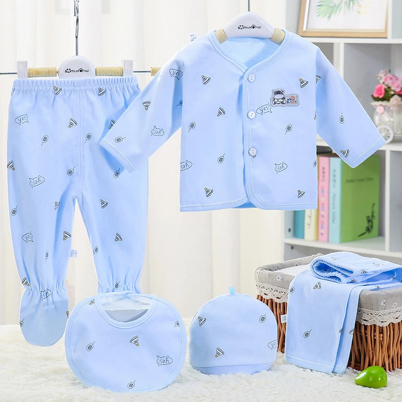 Baywell Infant Newborn Unisex Clothes 0-3 Months Baby Spring Autumn Print Cartoon Clothing Sets Tops Trousers Hat Bibs