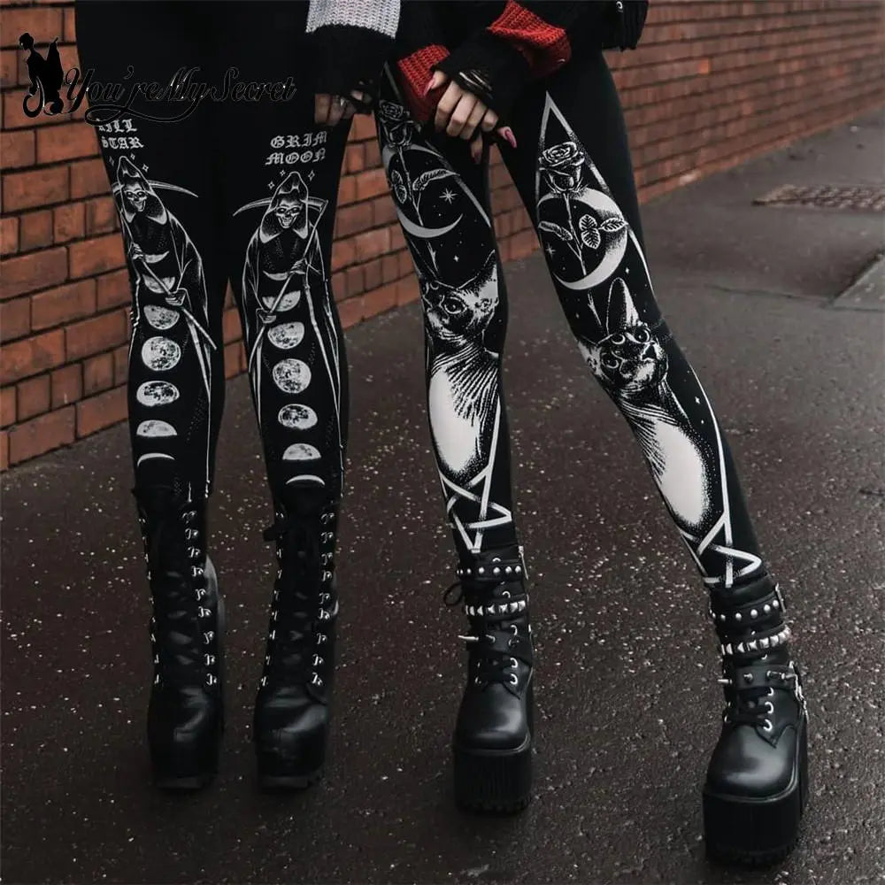 [You're My Secret] 2024 HOT Gothic Leggings For Women Ouija Workout Pants Dark Grunge Black Cat Skull Leggins Devil Satan Legins