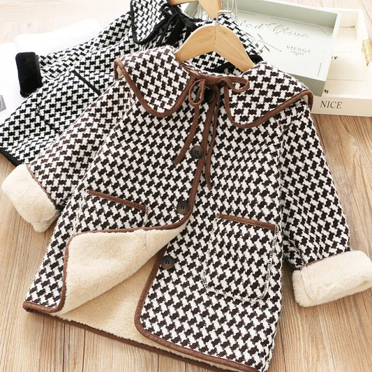 Kids Girl Overcoat Winter New Fashion Houndstooth Wool Coat for Girls Teens Autumn Jacket Warm Long Outerwear Children Windproof