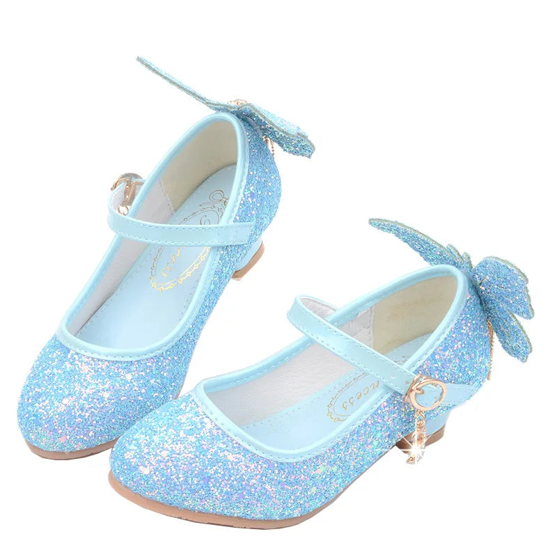 New Kids Leather Shoes Fashion Fringed Butterfly Knot Girls Princess Shoes Casual Glitter Children High Heel Student Dance Shoes