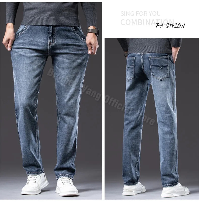 2023 Autumn New Men Regular Fit Stretch Jeans Classic Style Smoky Gray Fashion Casual Denim Pants Male Brand Trousers Blue