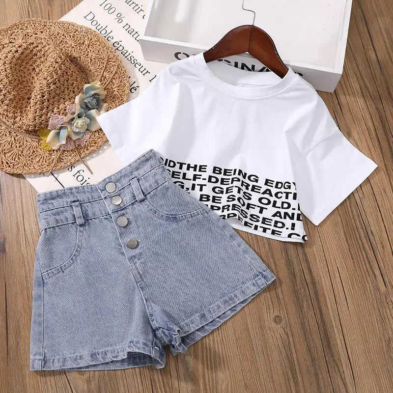 Summer Kids Girls Clothes Set Teen Girl Crop Tops T-shirt + Denim shorts 2pcs Girl Outfits Baby Girls Clothing 4 7 10 to 12 year