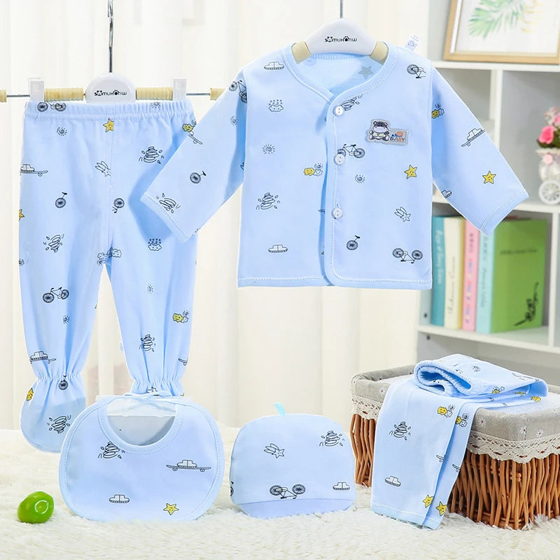 Baywell Infant Newborn Unisex Clothes 0-3 Months Baby Spring Autumn Print Cartoon Clothing Sets Tops Trousers Hat Bibs