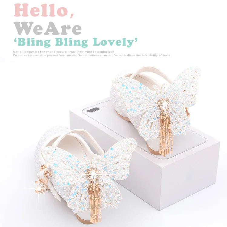 New Kids Leather Shoes Fashion Fringed Butterfly Knot Girls Princess Shoes Casual Glitter Children High Heel Student Dance Shoes