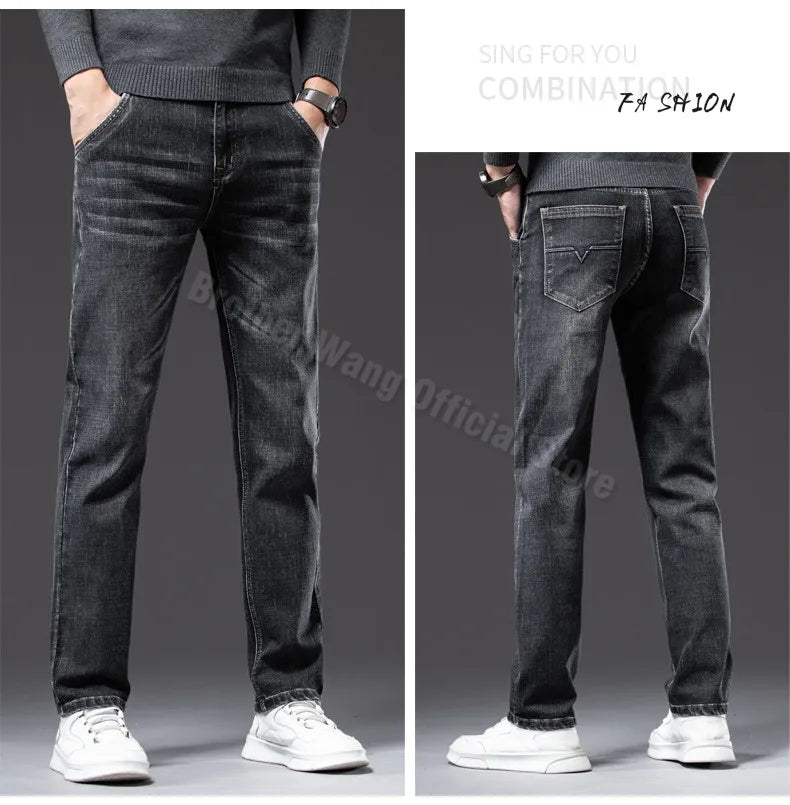 2023 Autumn New Men Regular Fit Stretch Jeans Classic Style Smoky Gray Fashion Casual Denim Pants Male Brand Trousers Blue