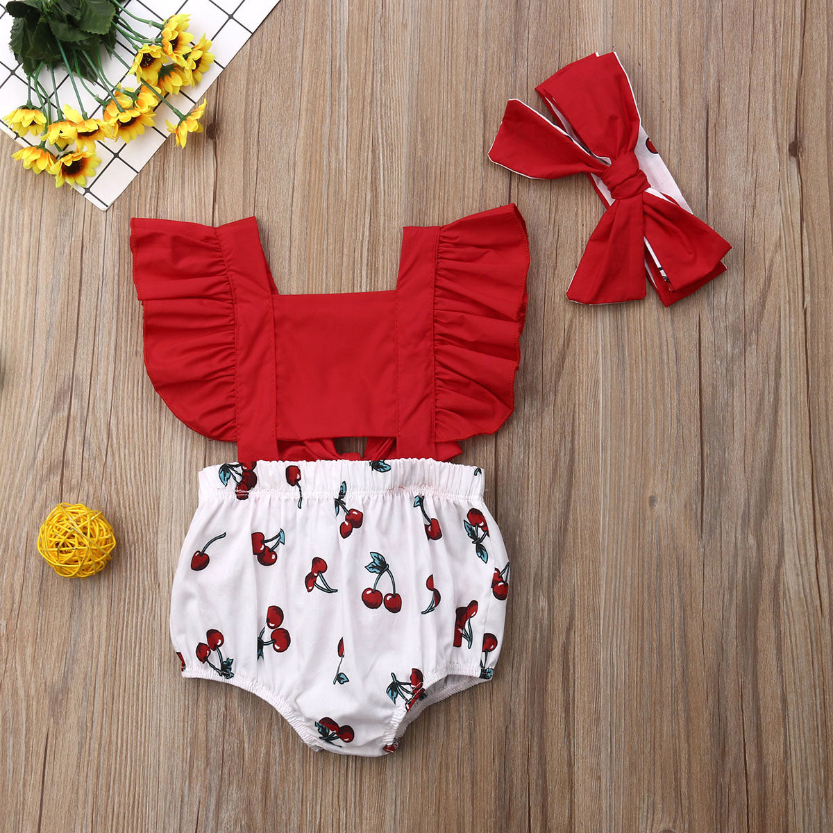 Cute Newborn Baby Girl Clothes Sets Ruffle Backless Cherry Romper Headband 2pcs Summer Outfits Toddler Infant Jumpsuit 0-18M