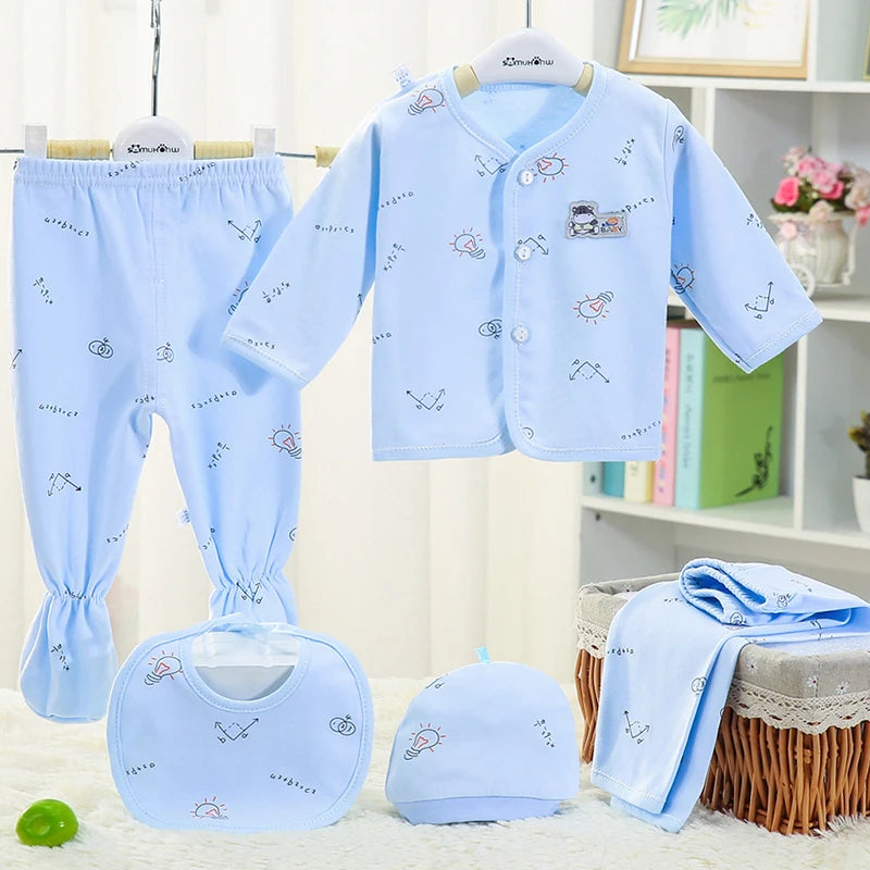 Baywell Infant Newborn Unisex Clothes 0-3 Months Baby Spring Autumn Print Cartoon Clothing Sets Tops Trousers Hat Bibs