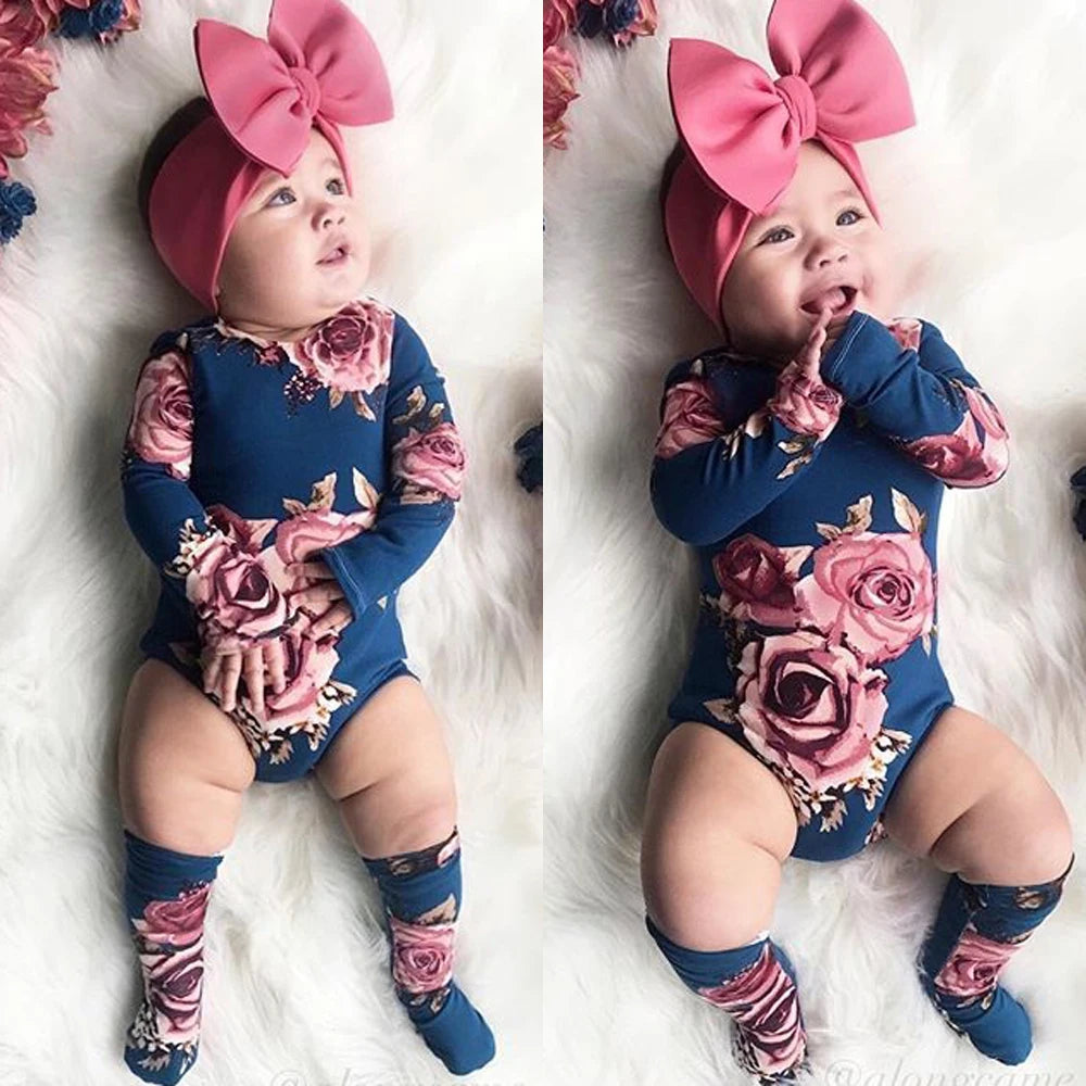 Newborn Baby Long Sleeve Romper Large Floral Jumpsuit Girl Warm Leg Socks Outfit 0-24M