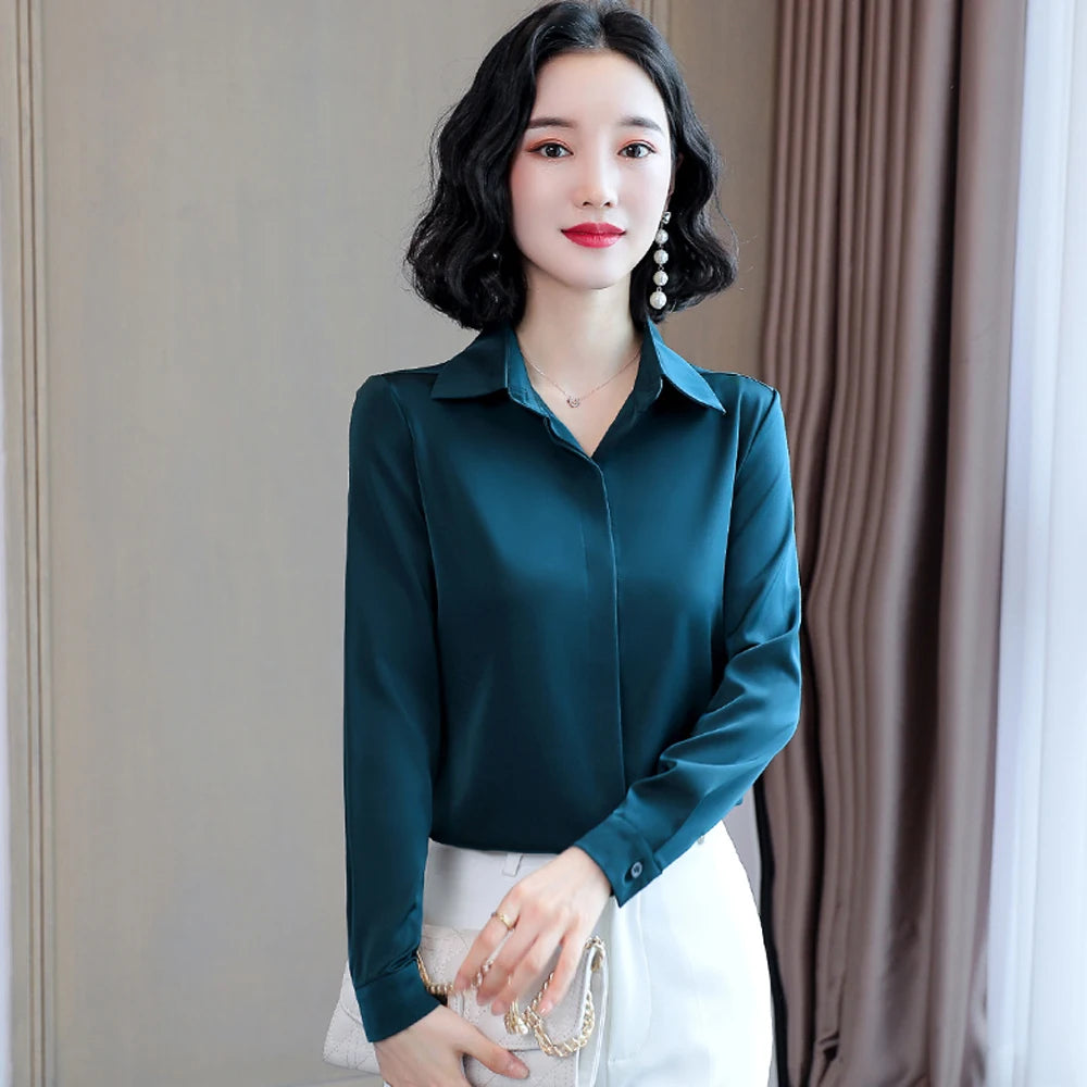 ARWEN AJH  Fashion Woman Blouses 2024 Office Lady Simplicity Hidden Breasted Silk Satin Shirts For Women Basic Clothing Female Casual Tops