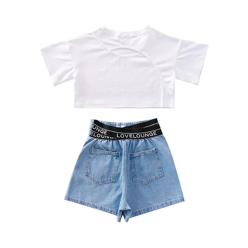 Summer Kids Girls Clothes Set Teen Girl Crop Tops T-shirt + Denim shorts 2pcs Girl Outfits Baby Girls Clothing 4 7 10 to 12 year