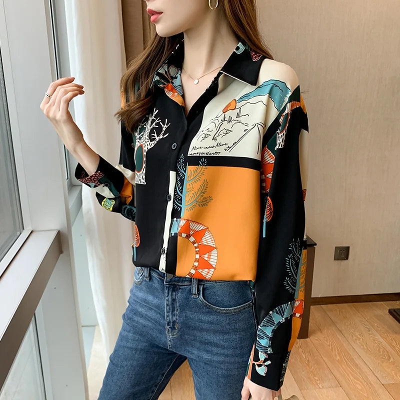 ARWEN AJH  Printed Designer Collared Shirt Women's Design Sense Niche 2024 Autumn New Versatile Chiffon Long Sleeve Women Fashion Tops