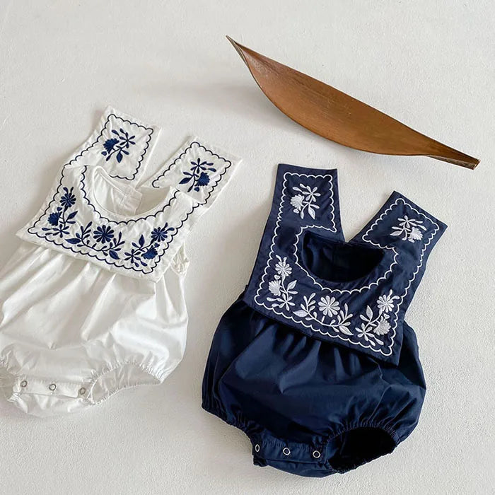 Korean Style Infant Baby Girls Jumpsuit Navy Collar Embroidery Cotton Newborn Baby Girl Bodysuits Summer Baby Girls Clothes