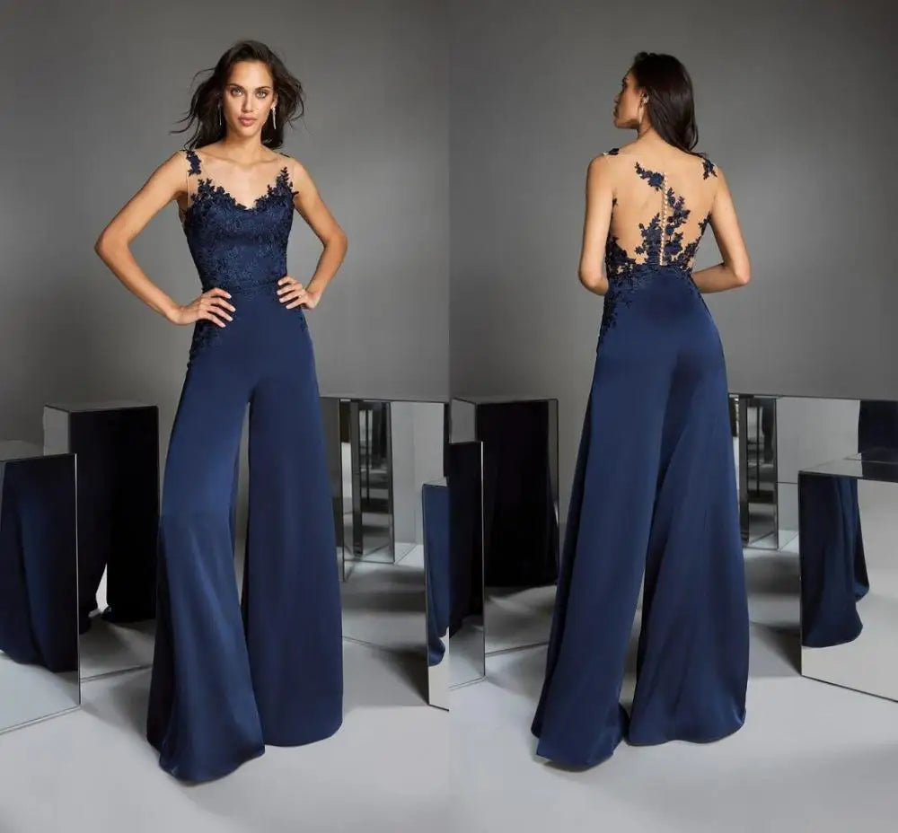 مجموعة أروين  Navy Blue Jumpsuits Mother of the Bride Pants Suit V Neck Lace Wedding Guest Dress Mothers of the Groom Gowns Outfit