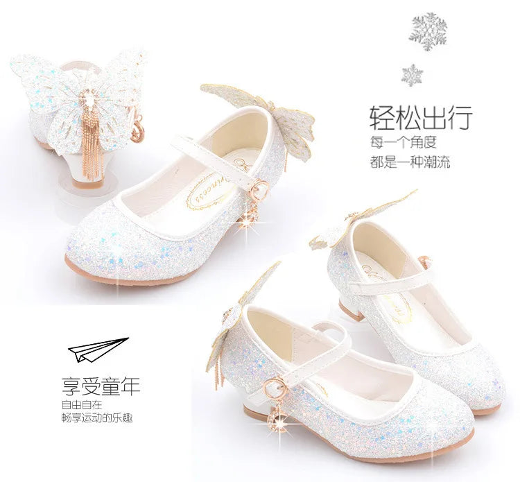 New Kids Leather Shoes Fashion Fringed Butterfly Knot Girls Princess Shoes Casual Glitter Children High Heel Student Dance Shoes