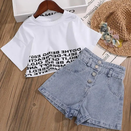 Summer Kids Girls Clothes Set Teen Girl Crop Tops T-shirt + Denim shorts 2pcs Girl Outfits Baby Girls Clothing 4 7 10 to 12 year