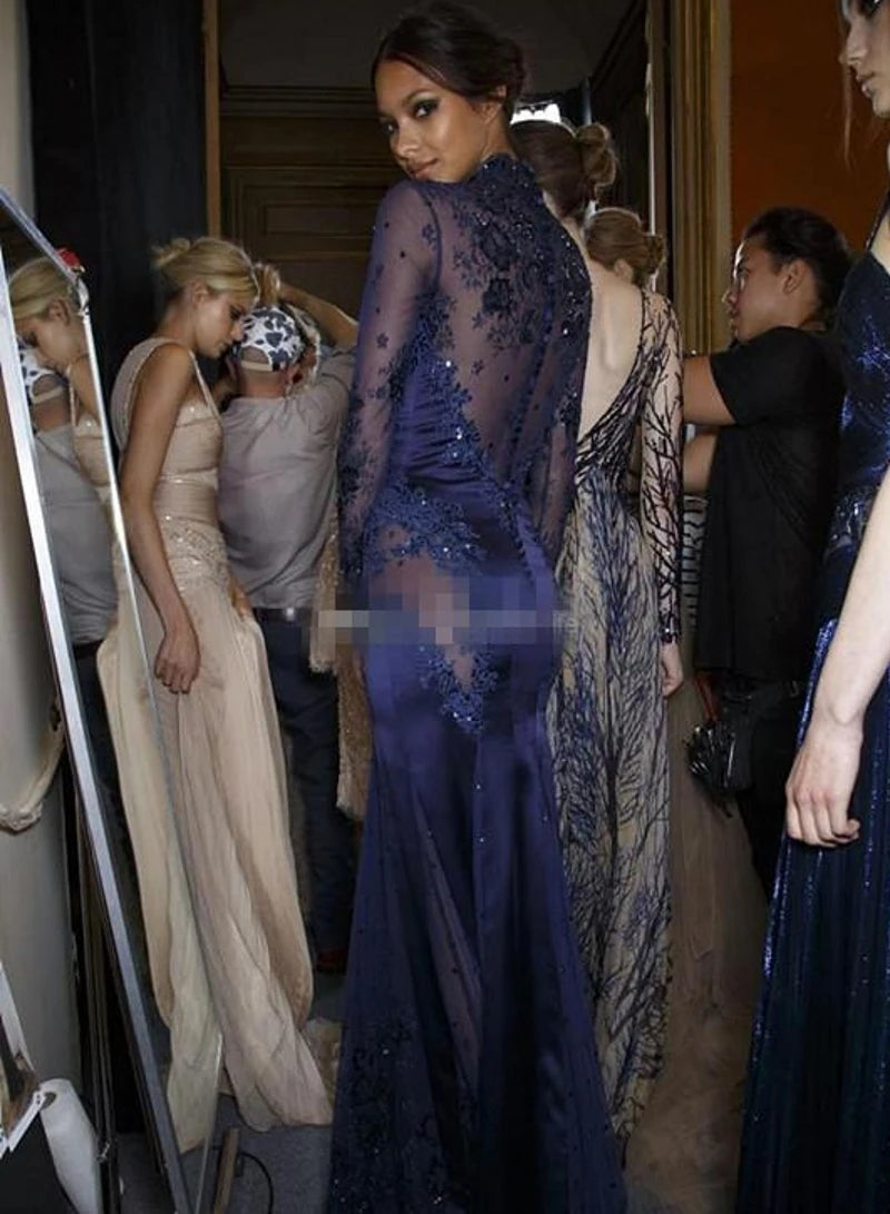 مجموعة اروين 2024 Zuhair Murad High Neck Lace Formal Evening Dress Long Sleeve See-through Beads Appliques Prom Celebrity Gowns Navy Blue