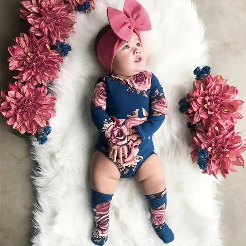 Newborn Baby Long Sleeve Romper Large Floral Jumpsuit Girl Warm Leg Socks Outfit 0-24M