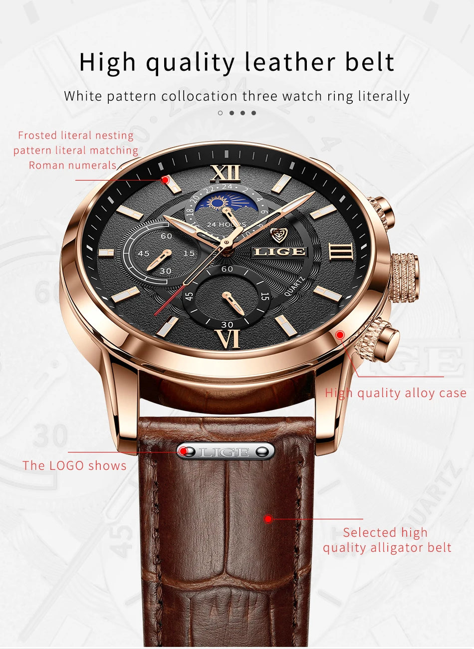 2024 New Mens Watches LIGE Top Brand Luxury Leather Casual Quartz Watch Men's Sport Waterproof Clock Watch Relogio Masculino+Box