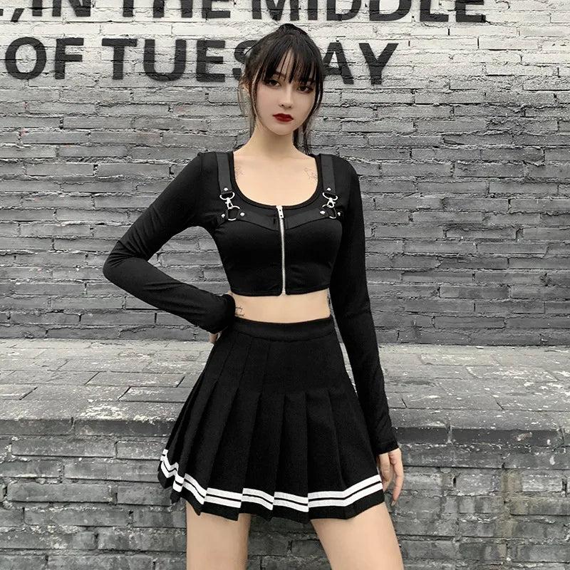 مجموعة اروين arwen&ajh group 2024  Vintage Korean Style Patchwork Skirt   Black Pleated Skirts Gothic Streetwear High Waist Mini Skirt Women Punk Skirt