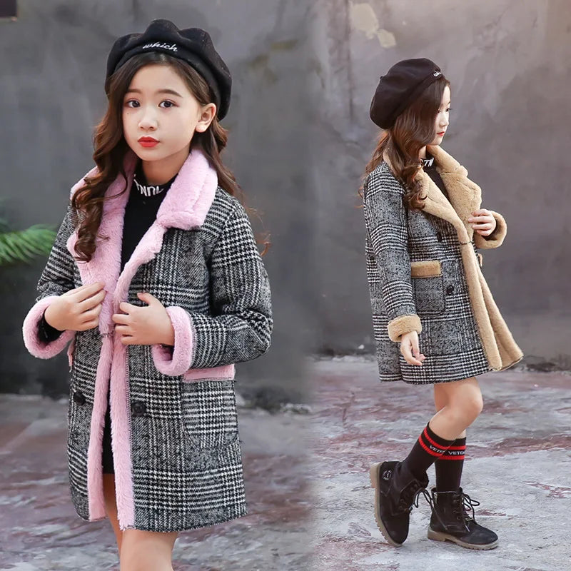 2024 Autumn Winter Girls Hairy Coat Fashion Design Long Coat for Girls Kids Outerwear Grid pattern 4 to 12 years old