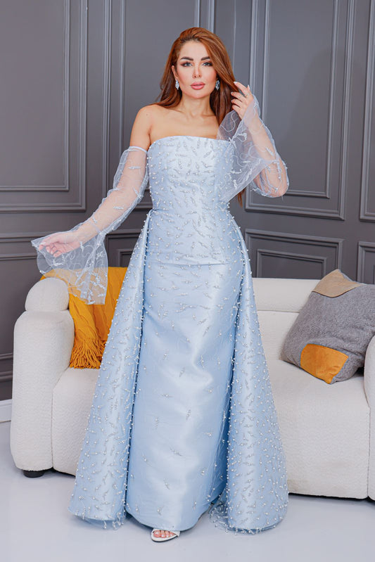 اروين التجاريه arwen&ajh Sky-colored dress embroidered with white pearls فستان بلون السماء مطرز بلؤلؤ ابيض