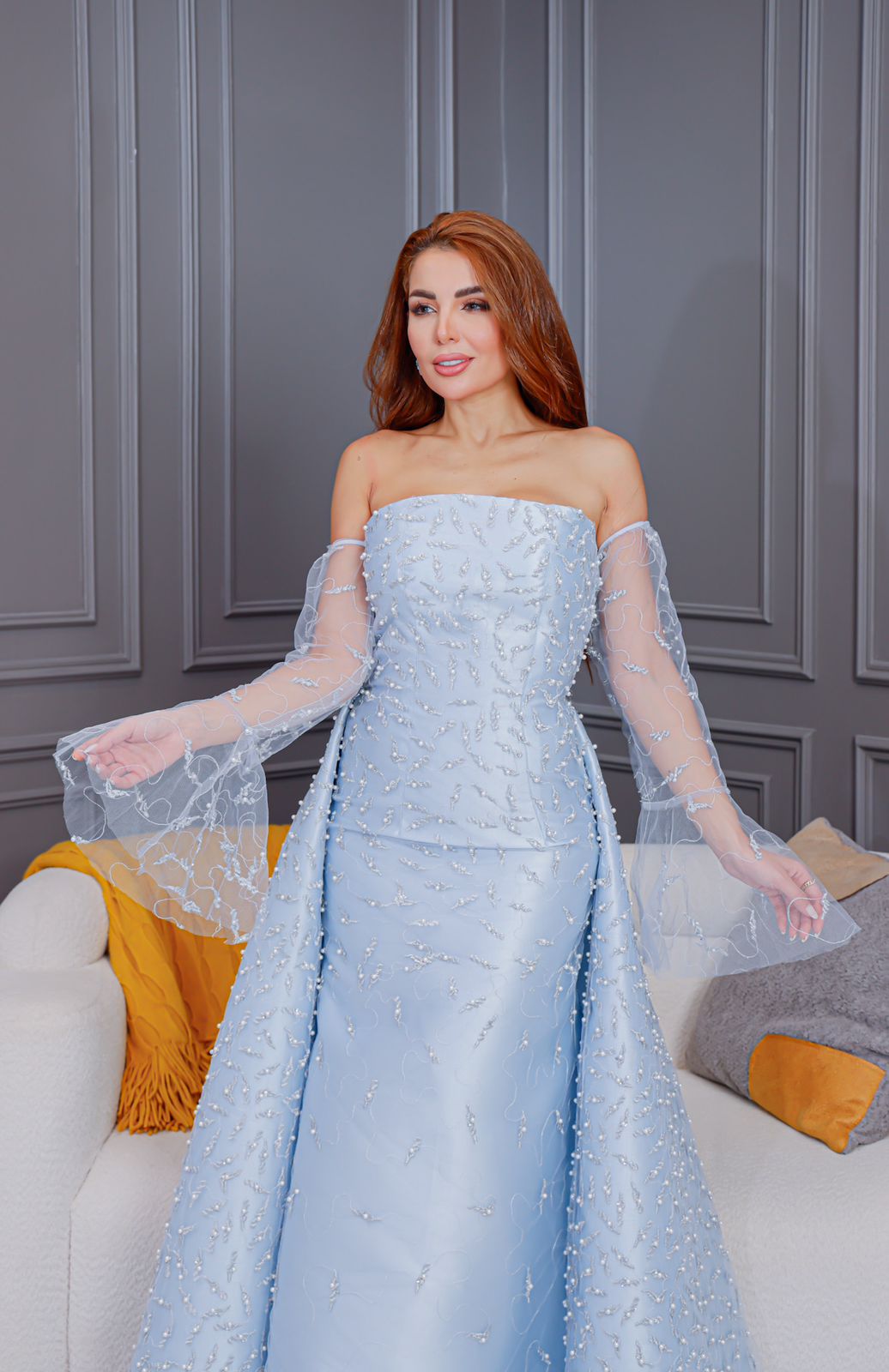 اروين التجاريه arwen&ajh Sky-colored dress embroidered with white pearls فستان بلون السماء مطرز بلؤلؤ ابيض