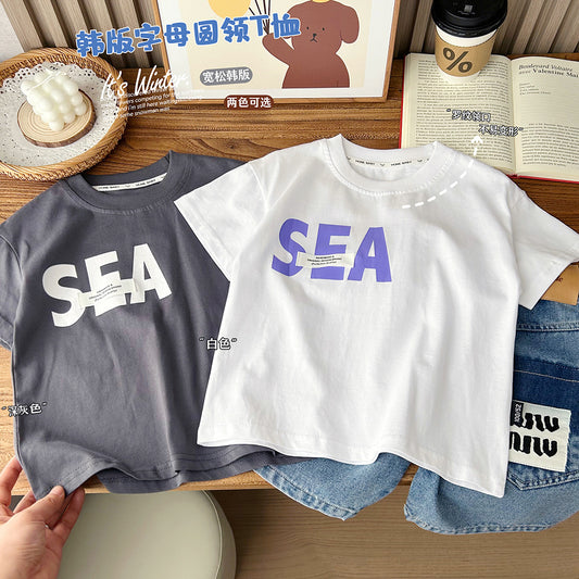 مجموعة اروين arwen&ajh group New 2024 Summer Children's Clothing Boys' Cotton Korean Style Loose Round Neck Short Sleeve Half Sleeve T-shirt Top Wholesale