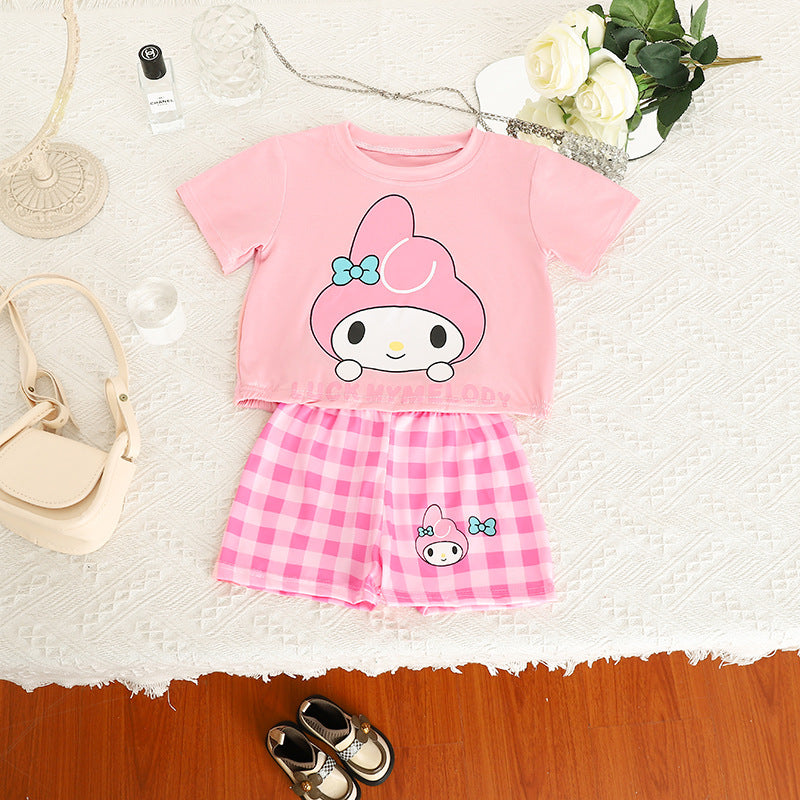 مجموعة اروين arwen&ajh group Summer New 2024 Girls Casual Cartoon Suit Baby Cute Loose T-shirt Plaid Shorts Suit