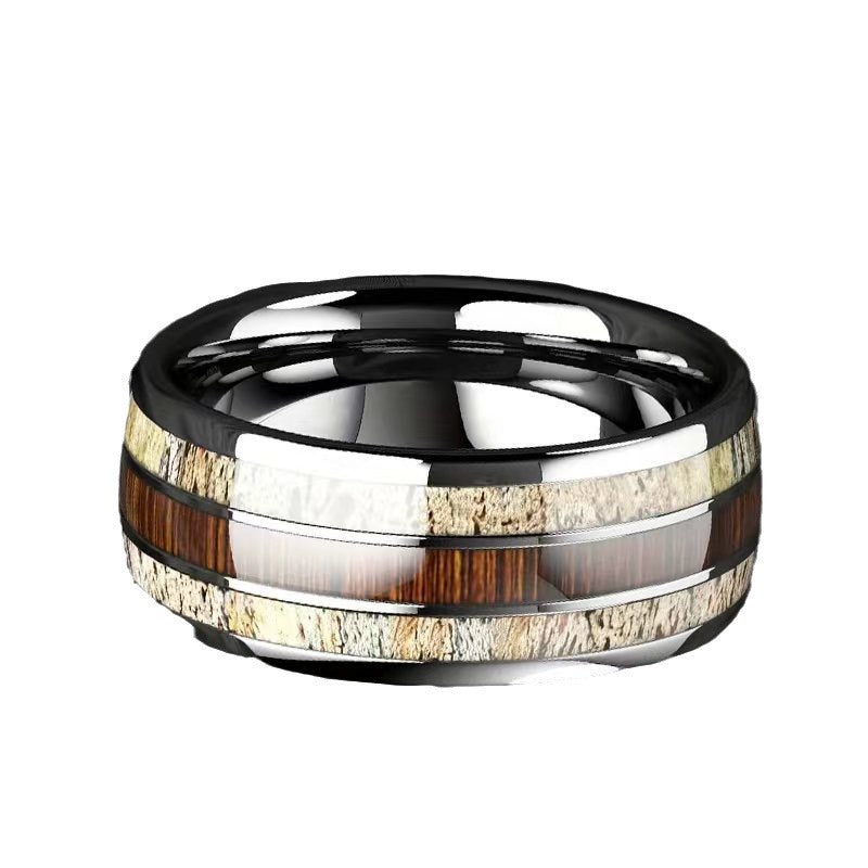 High-end Trendy Men's Fashionable Domineering Stainless Steel Men's Marble + Wood Grain Ring Korean Style Men's Ring Supply