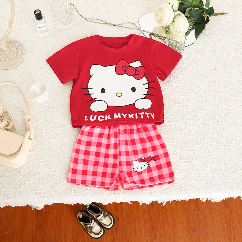 مجموعة اروين arwen&ajh group Summer New 2024 Girls Casual Cartoon Suit Baby Cute Loose T-shirt Plaid Shorts Suit