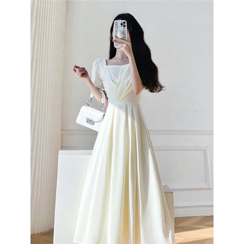 arwen&ajh مجموعة أروين التجارية 2024 French Style White Dress Women's Summer 2024 New Square Neck Elegant First Love Tight Waist Slimming Design Long Skirt