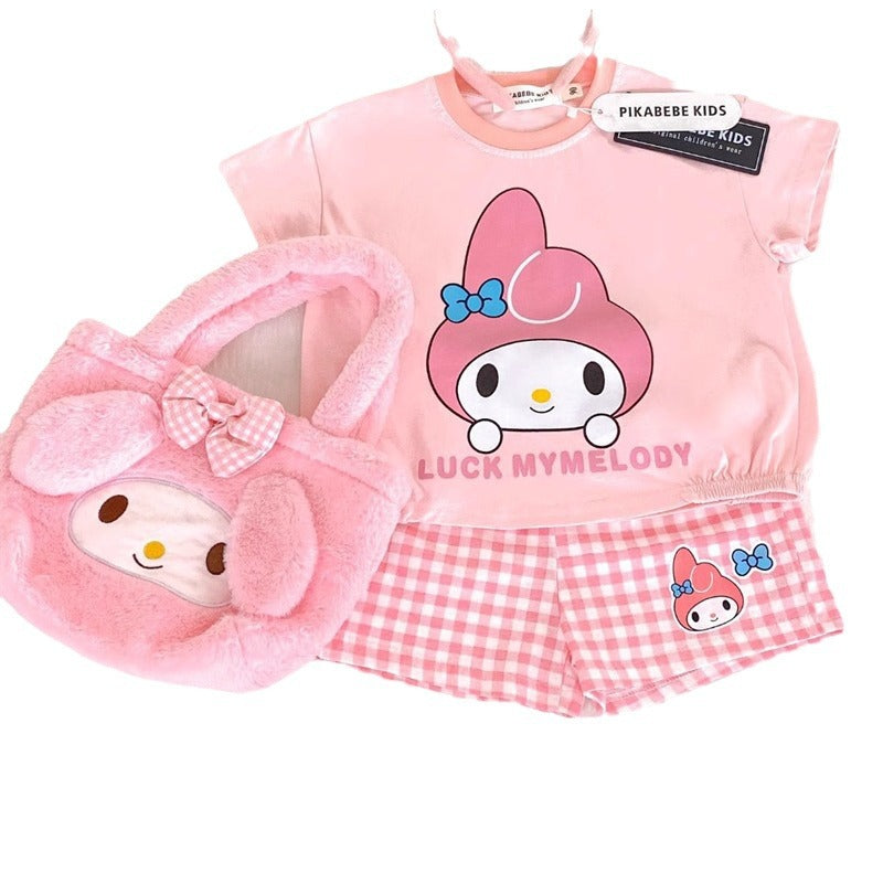 مجموعة اروين arwen&ajh group Summer New 2024 Girls Casual Cartoon Suit Baby Cute Loose T-shirt Plaid Shorts Suit