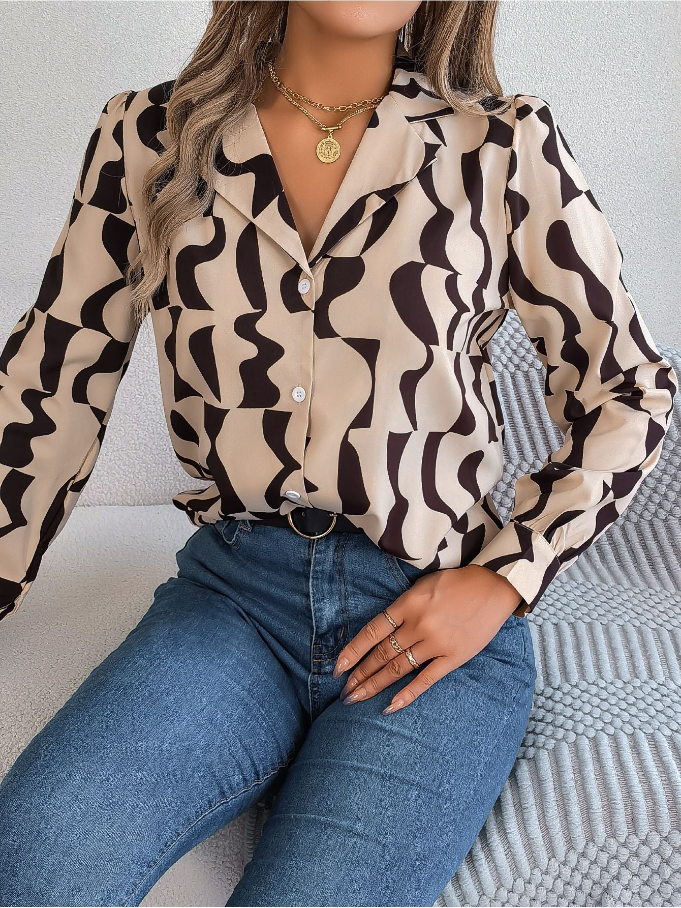 مجموعة اروين التجارية arwen&ajh group  T-shirt Women&Top  Spring And Summer Commuter Temperament Color Contrast Striped Suit Collar Long Sleeve Shirt Women& Clothing