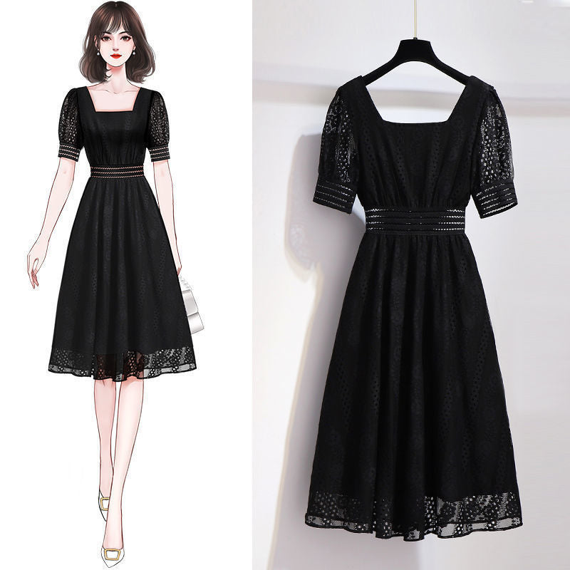 ARWEN& AJH GROUP 2024 New  مجموعة أروين Black French Square Collar Dress Women's Summer 2024 New Slimming Long Dress Hepburn Style Lace Small Black Dress