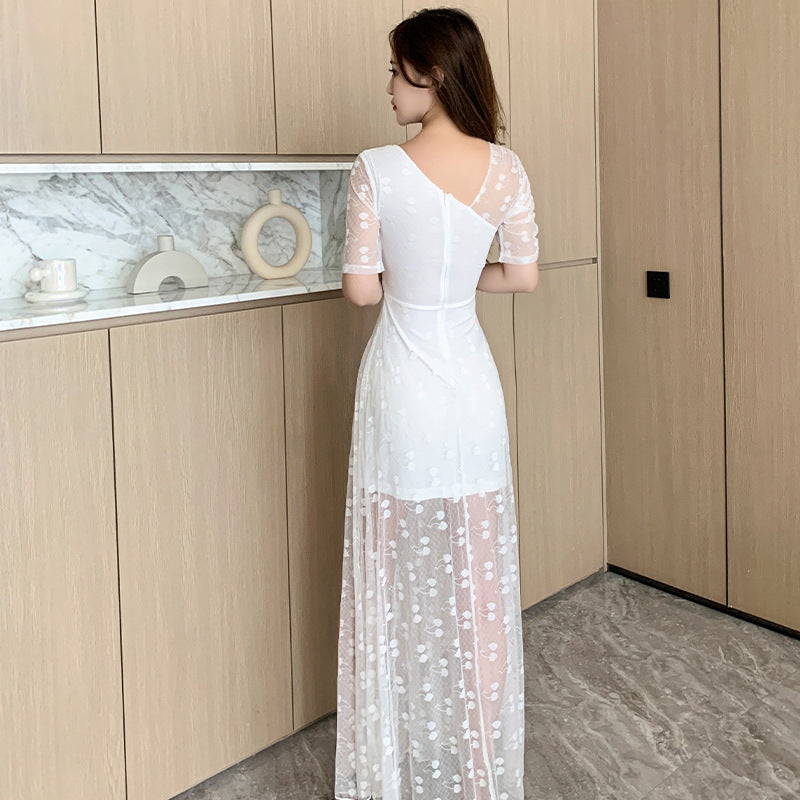 arwen&ajh مجموعة أروين التجارية 2024 Long Evening Dress Women's Stitching Lace Slim-fit Sexy Mesh Dress Elegant Beauty Car Model Night Club Work Clothes