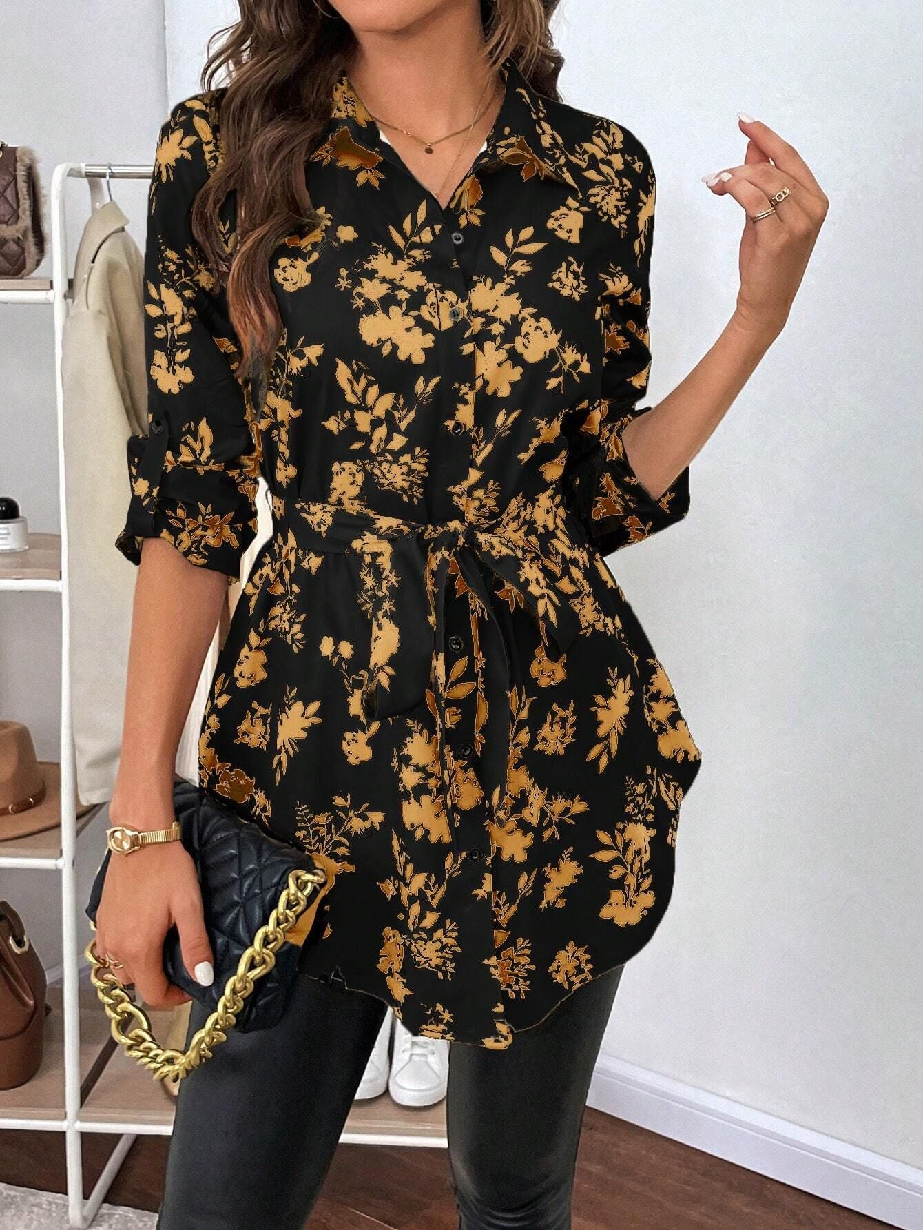 مجموعة اروين التجارية arwen&ajh group   New Elegant Women& Floral Print Belt Long-sleeved Shirt For Autumn And Winter