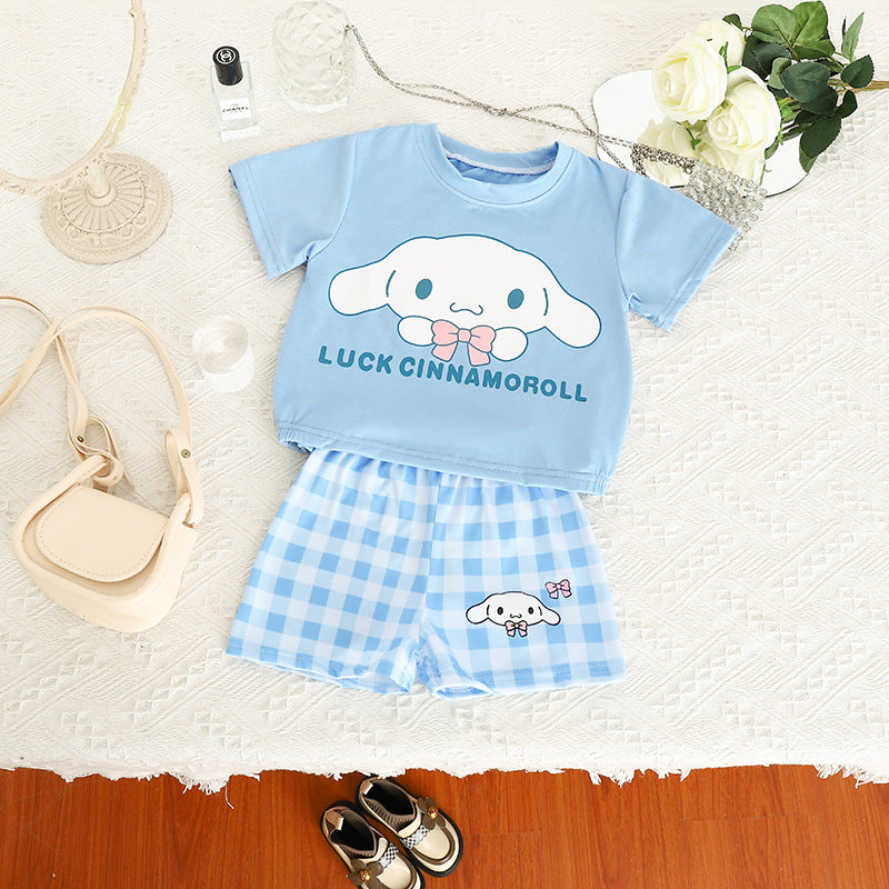 مجموعة اروين arwen&ajh group Summer New 2024 Girls Casual Cartoon Suit Baby Cute Loose T-shirt Plaid Shorts Suit