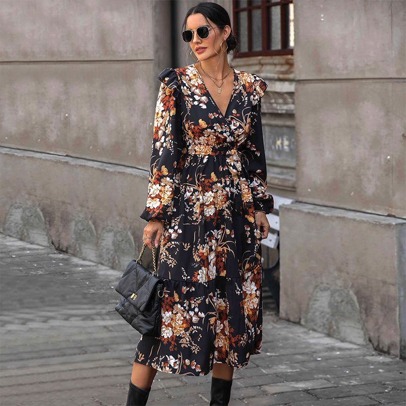 ARWEN&AJH GROUP مجموعة أروين 2024 New  Women&  Clothing European And American Printed Autumn Dress