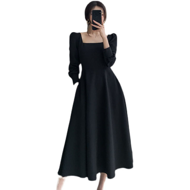 ARWEN&AJH GROUP مجموعة أروين 2024 French THepburn Style Small Black Dress Women's 2023 Spring And Autumn New Retro Square Neck Long Over-the-Knee Black Elegant Dress Long Dress