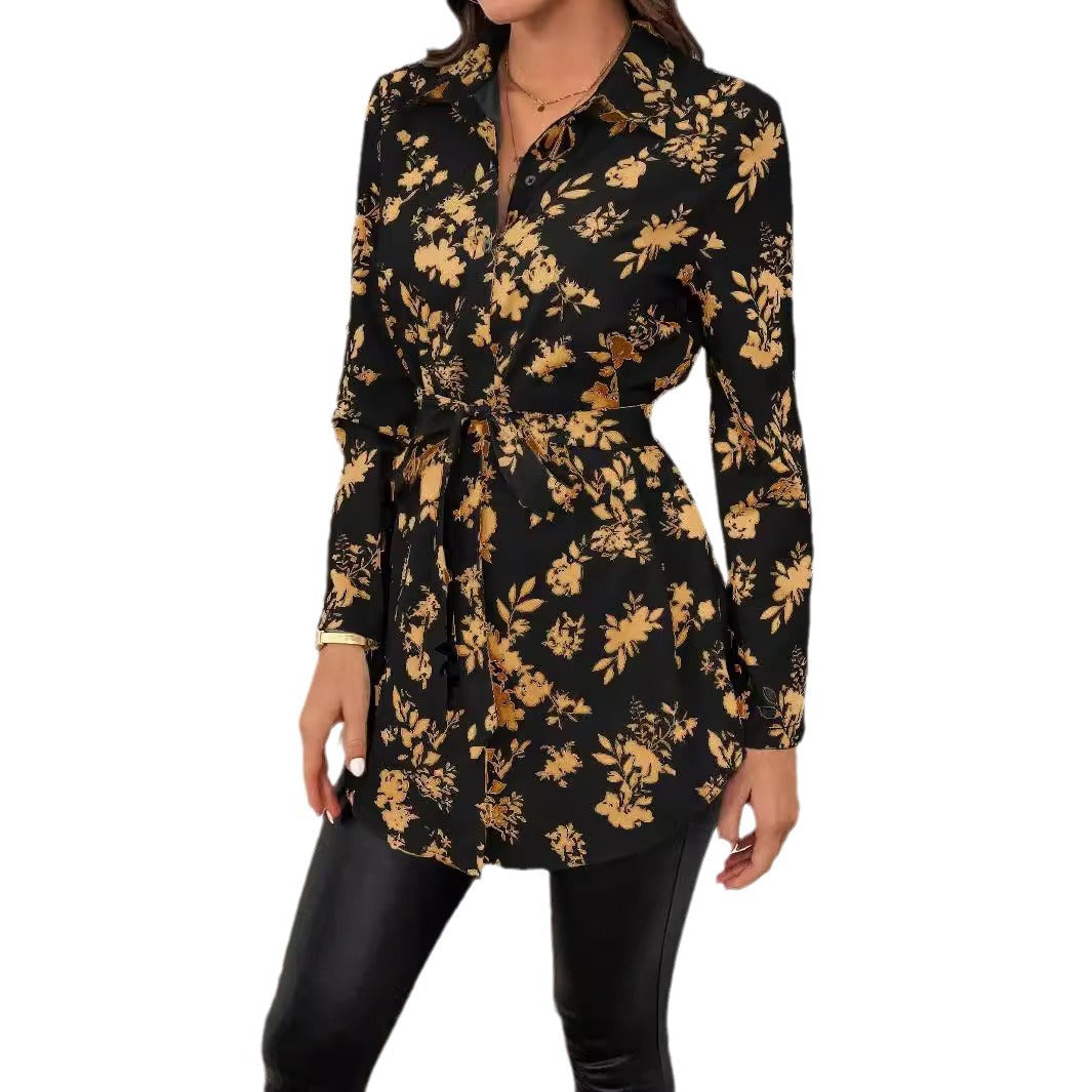 مجموعة اروين التجارية arwen&ajh group   New Elegant Women& Floral Print Belt Long-sleeved Shirt For Autumn And Winter