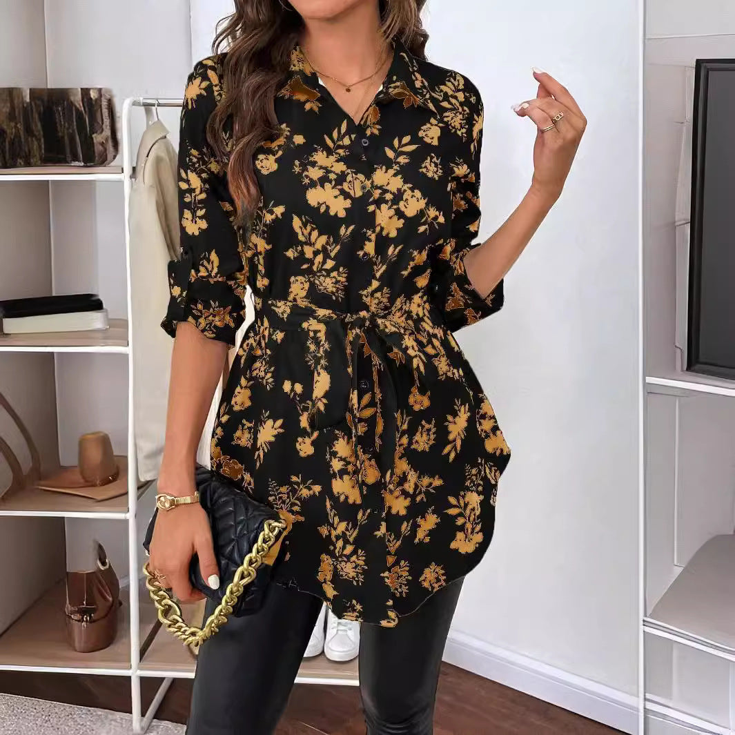 مجموعة اروين التجارية arwen&ajh group   New Elegant Women& Floral Print Belt Long-sleeved Shirt For Autumn And Winter