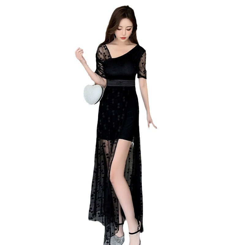 arwen&ajh مجموعة أروين التجارية 2024 Long Evening Dress Women's Stitching Lace Slim-fit Sexy Mesh Dress Elegant Beauty Car Model Night Club Work Clothes