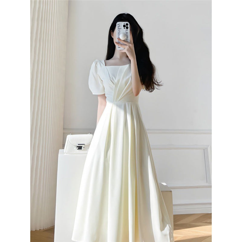 arwen&ajh مجموعة أروين التجارية 2024 French Style White Dress Women's Summer 2024 New Square Neck Elegant First Love Tight Waist Slimming Design Long Skirt